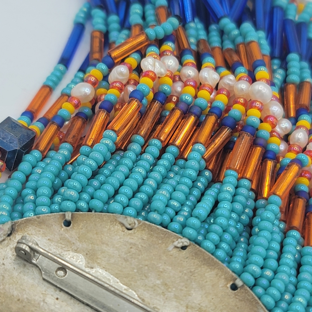 Artisan Beaded Crescent Fringe Brooch Glass Bead Statement Orange Blue Turquoise - Picture 9 of 13